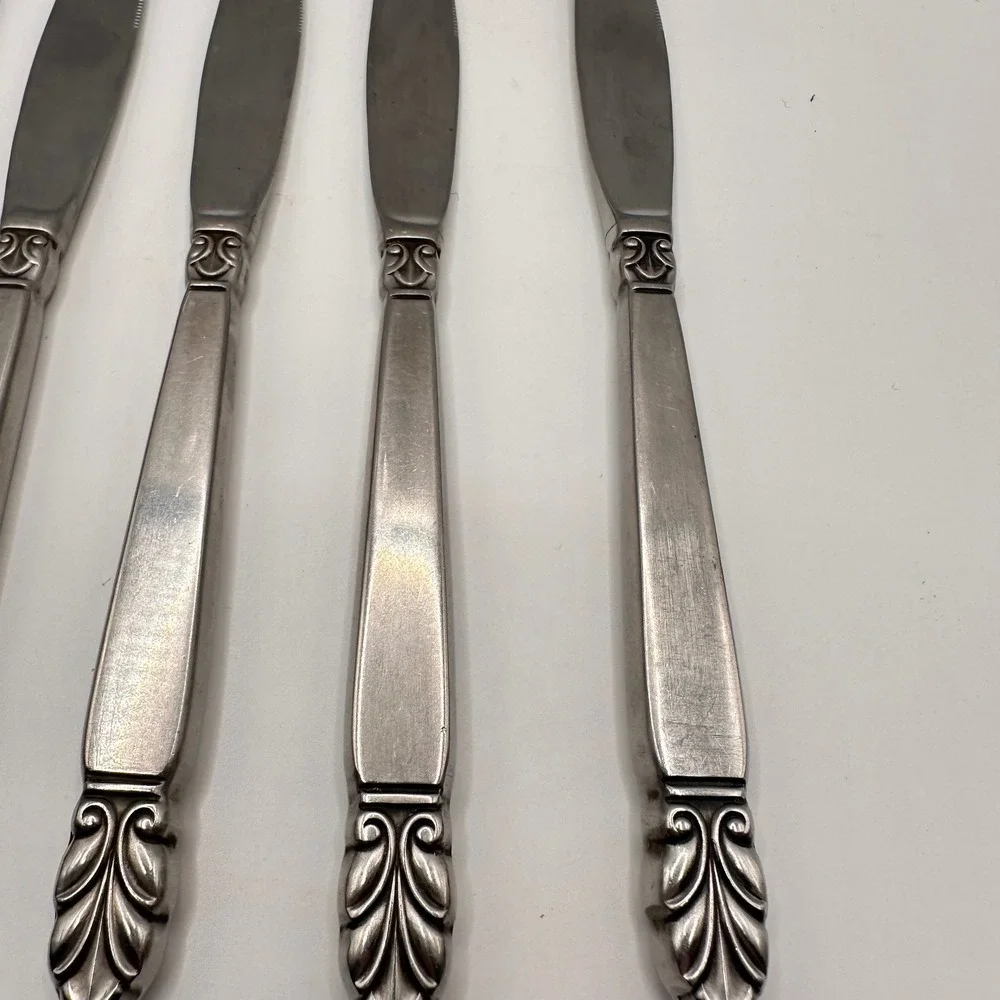 Vintage Nordic Crown Stainless Steel Dinner Knives Set of 5 Scroll Leaf Norse